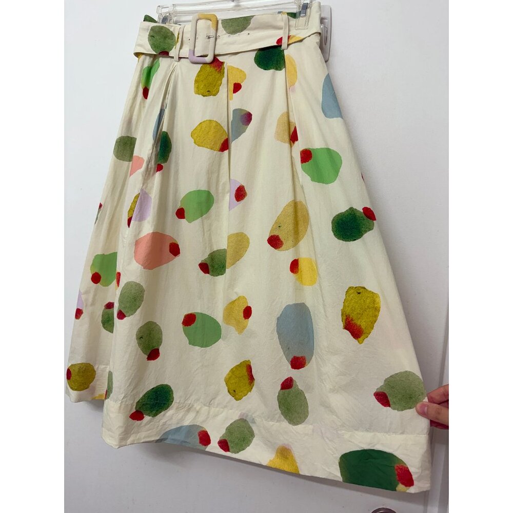 Rachel Antonoff Filthy Martini Olive Print Midi Vinnie Skirt Pleated Dots Belt M - Picture 6 of 14